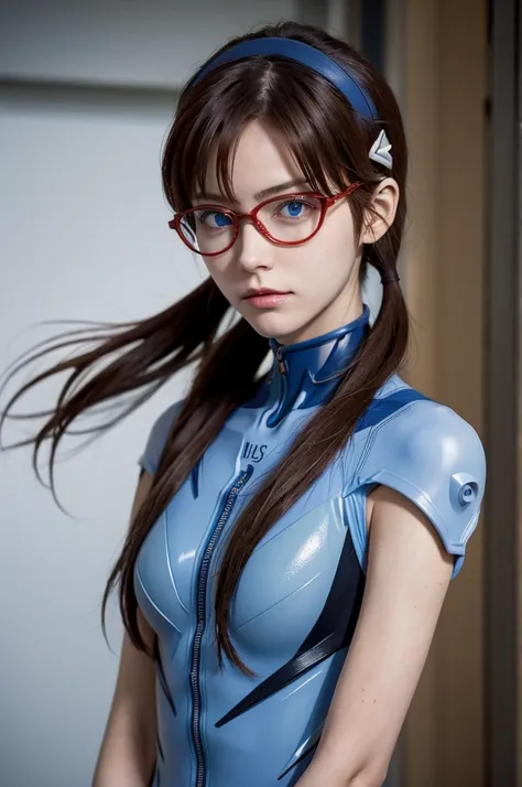 Mari Illustrious , Neon Genesis EVANGELION , Small red rectangular glasses , Brown Hair , Tie your hair on both sides , Mari Makinami, blue eyes, Brown Hair, Glasses, Headband Blue, Twin tails,Bodysuits, ピンクのBodysuits,Plug Suit