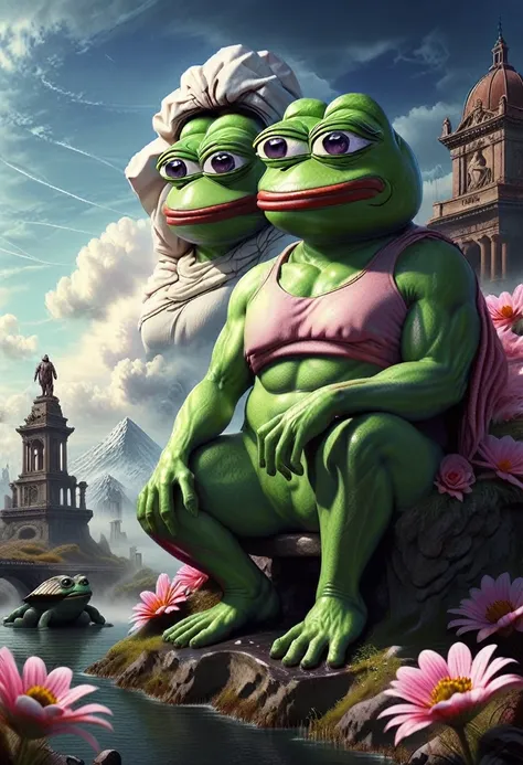 hyperrealistic art bj_sacred_beast, pink pepe_frog,outdoors,sky,day,cloud,water,blue_sky,no_humans,cloudy_sky,building,scenery,r...