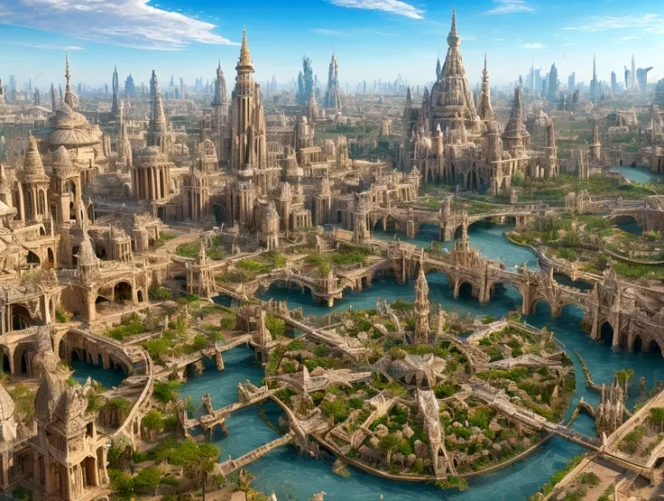 In the heart of the desert, ancient whispers echo through the gleaming spires of an shiny white city that defies time. The city is filled with beautiful intricate and interconnected canals and an exuberant lush vegetation, closeup view.