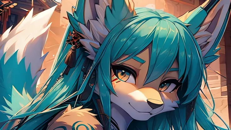 miku hatsune, add high definition_detail:1, blue fur,kitsune ears, tribal tattoo add_detail:1