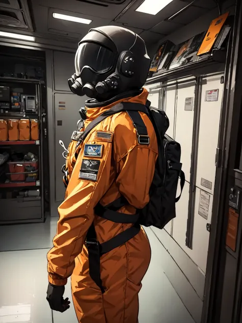 masterpiece, best quality, lineart, sketch, jacket, orange jacket, spacesuit, uniform, bag, bodysuit, backpack, jumpsuit, standi...