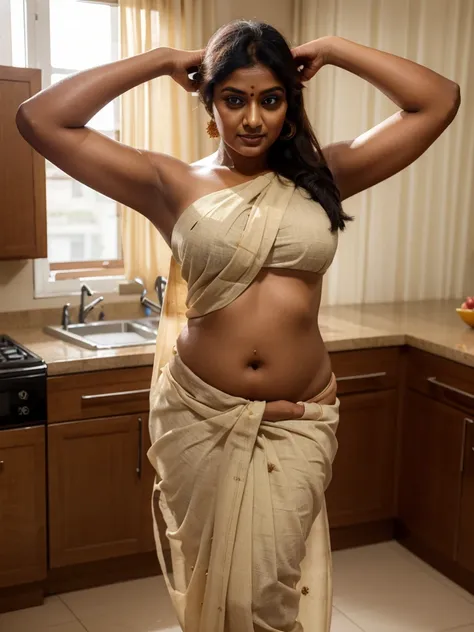 beautiful indian woman. she is wearing a loose skimpy saree tying her hair behind her head and lifting her arms showing her hair...