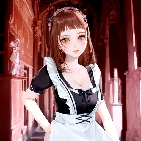 cool、anime character dressed in maid outfit standing in a hallway, anime girl in a maid costume, maid outfit, maid, gorgeous mai...