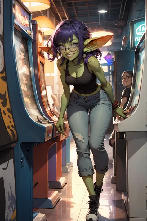 ((best quality)), ((masterpiece)), (detailed), goblin girl, (green skin), purple hair, shortstack, glasses, romantic lighting, full body, at an arcade, playing an arcade game, laughing and smiling, wearing jeans and tank top