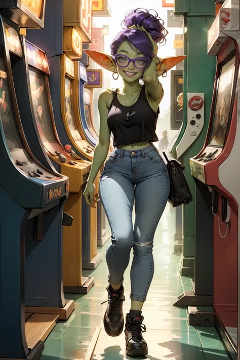 ((best quality)), ((masterpiece)), (detailed), goblin girl, (green skin), purple hair, shortstack, glasses, romantic lighting, full body, at an arcade, playing an arcade game, laughing and smiling, wearing jeans and tank top