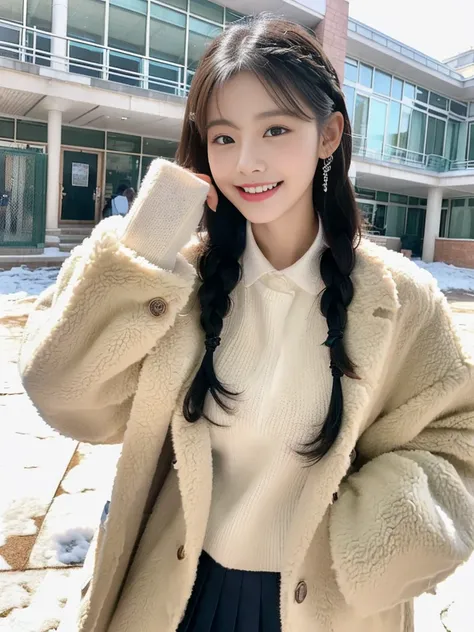 (A photo of a super cute Korean office lady wearing a fluffy coat over her school uniform:1.2)(grin,smile:1.1)(Beautiful Sweat:1.1)(16K, RAW Photos, Highest quality, masterpiece: 1.2),(A cute braid of shiny black hair) Super detailed, Super Resolution, (Ge...