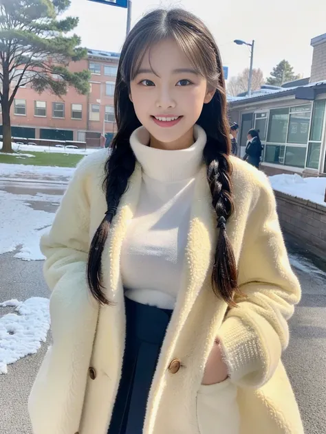 (A photo of a super cute Korean office lady wearing a fluffy coat over her school uniform:1.2)(grin,smile:1.1)(Beautiful Sweat:1.1)(16K, RAW Photos, Highest quality, masterpiece: 1.2),(A cute braid of shiny black hair) Super detailed, Super Resolution, (Ge...