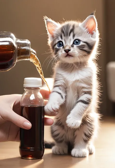 A realistic drawing of a kitten being bottle-fed. The kitten should be small, with soft, fluffy fur and big, expressive eyes. It is being held gently by a persons hand, and the kittens tiny paws are wrapped around the bottle. The setting should be cozy and...