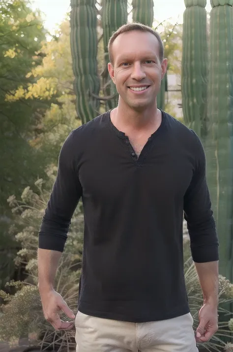 a man holding a potted cactus. street photography. wearing black shirt.