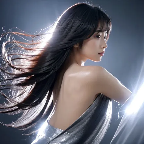 High quality, live action, Japanese, black hair, shiny, beauty salon commercial, constant light, hair only swaying, hair swaying in the wind, back view, silver background, hair only