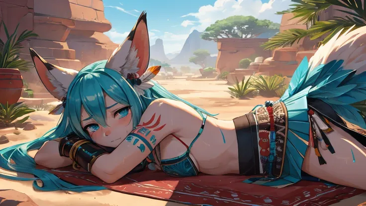 Miku Hatsune, add high definition_detail:1, blue fur,kitsune ears, tribal tattoo add_detail:1, sensual pose against the wall add_details:1, tribal feather necklage, rainbowed feather skirt, tribal feather ornaments for the body high definition, tribal feat...