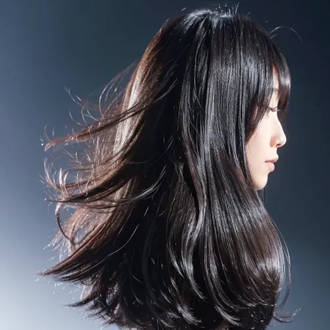 High quality, live action, Japanese, black hair, shiny, beauty salon commercial, constant light, hair only swaying, hair swaying in the wind, back view, silver background, hair only