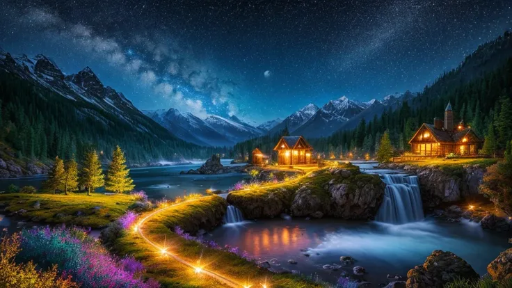 highest quality, masterpiece, Beautiful wild and nature fantasy landscape with sparkling lights