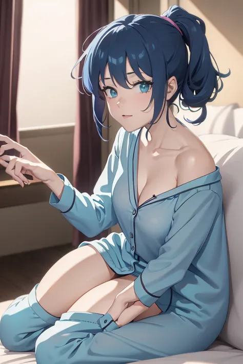 a girl, anime style, best resolution, best quality, 8k, sensual pose, sitting on the bed, blue hair in a ponytail, green eyes, in pajamas,