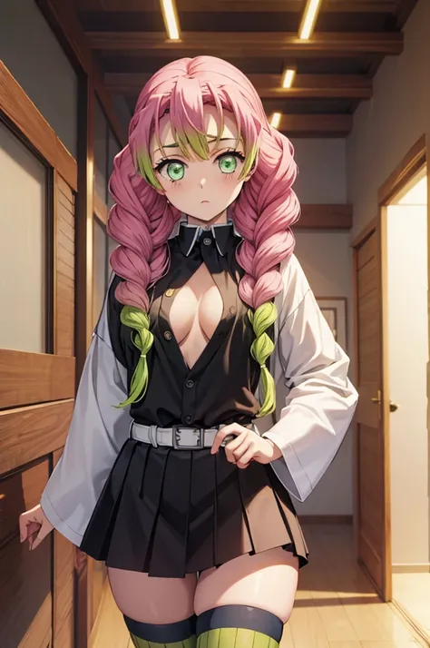 (masterpiece:1.4), (best quality:1.1), (8k, ultra detailed, ultra high res:1.2), ((anime style)), (perfect 5 fingers:1.2), (perfect anatomy), 
1girl,
Mitsuri Kanroji, 
BREAK long hair, pigtail braids, 
pink hair, 
green eyes, (empty eyes:1.1), 
large breas...