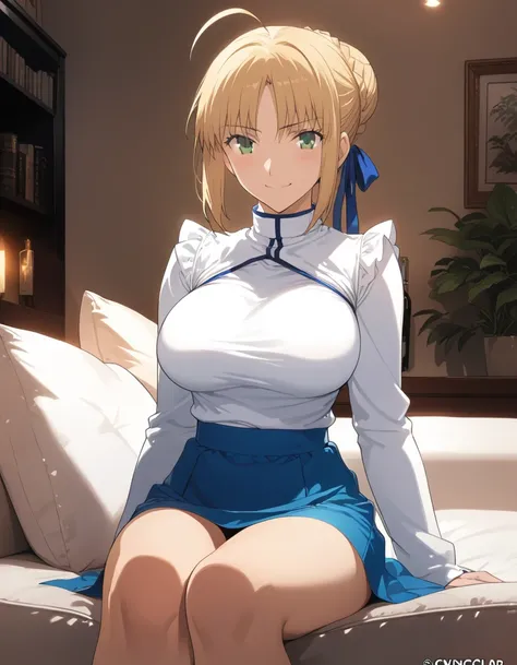 best quality, amazing quality, very aesthetic, 1girl, saber, fate/stay night, 1girl, saber, fate/stay night, , (artist official art:1.5), french braid bun hair, ahoge_hair, green eyes, large breasts, jitome, cinematic light, official_blue_outfit, sit_on_so...