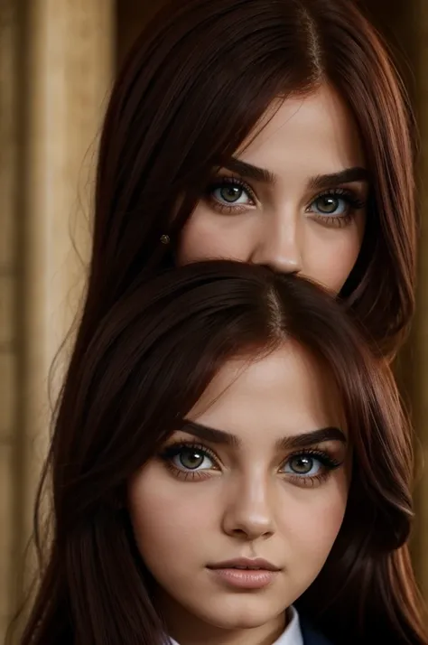 Turkish girl redhead really big brown eyes. She looks like she could read your mind. She is intimidating. Has a round nose and a round face. She is wearing a ravenclaw tie and black tunic. She is in hogwarts castle.  And has eyeliner just a bit in a punk w...