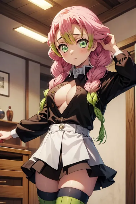 (masterpiece:1.3), (best quality:1.1), (8k, ultra detailed, ultra high res:1.2), ((anime style)), (perfect 5 fingers:1.2), (perfect anatomy), leaning forward, 
1girl,
Mitsuri Kanroji, 
BREAK long hair, pigtail braids, 
pink hair, 
green eyes, (empty eyes:1...