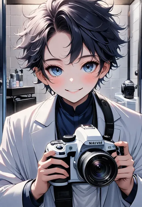 Young Latino ((Surreal:1.2)), Wearing a navy blue lab coat and light pink pants，Smiling face, Very bright in the bathroom, (close up), facing close distance, Digital SLR Camera, 100 mm