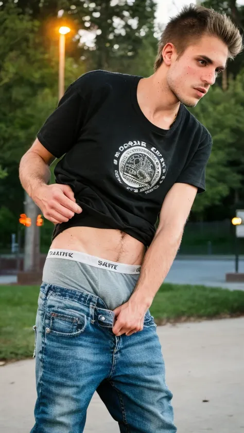 sagging, skate punk, jeans, t-shirt, boxers, stubble, face, at the park, cinematic lighting, handsome man