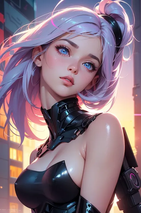 (ultra quality, 4k, 8k, high resolution, masterpiece: 1.2), ultra detailed, (realistic, photorealistic, photorealistic: 1.37) hyper-realistic image, vibrant portrait, a young and beautiful woman of robot origin, long hair, lilac hair and gray, light green ...