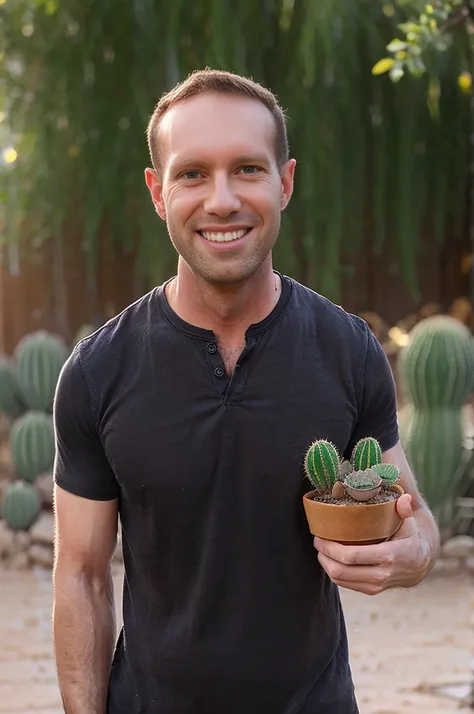 a man holding a potted cactus. street photography. wearing black shirt.