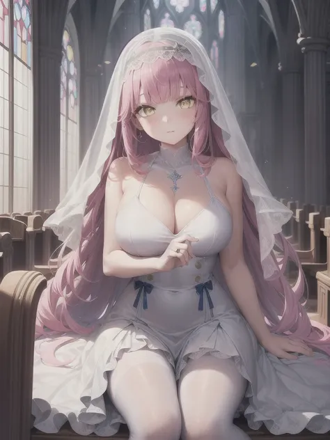 A girl，Long hair, Bangs, Pink Hair, Hair between the eyes, (Yellow eyes:1.5),  (Large Breasts:1.2), 
rest  锁骨, Wedding dress，veil，wedding，White Dress，Flowers，The skirt is broken，White socks，Tights，White knee socks，
Looking at the audience, whole body,Put y...