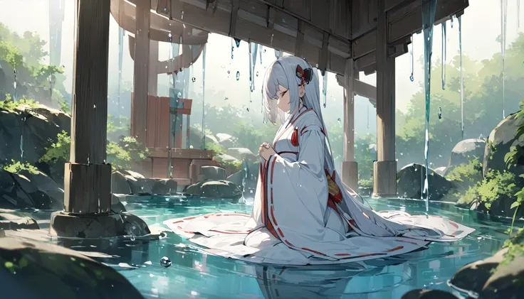 a japanese shrine maiden meditates in a beautiful and mysterious cave dripping with water drops.