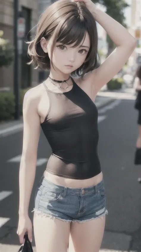 ((medium breast, tomboy girls, small head)), daylight, sunlight, (chiseled abs : 1.1), (perfect body : 1.1), (short wavy hair : 1.2) , auburn hair, collar, chain, full body shot, crowded street, wearing black tanktop, jeans jacket, ((shorts)), (extremely d...