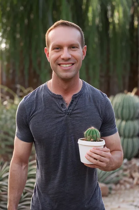 a man holding a potted cactus. street photography. wearing black shirt and blue jeans.