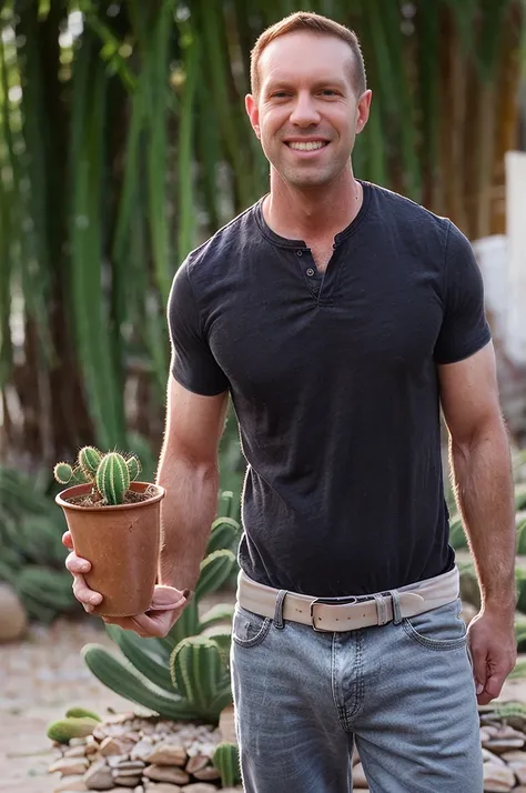 a man holding a potted cactus. street photography. wearing black shirt and blue jeans.