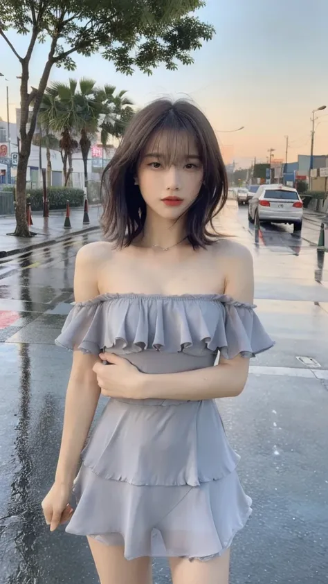 ((Best Quality, 8k, Masterpiece: 1.3)), Focus: 1.2, Perfect Body Beauty: 1.4, Buttocks: 1.2, ((Layered Haircut, Flat Chest: 1.2)), (Rain, Street:1.3), Bandeau Dress: 1.1, Highly Detailed Face and Skin Texture, Fine Eyes, Double Eyelids, Whitened Skin, Long...