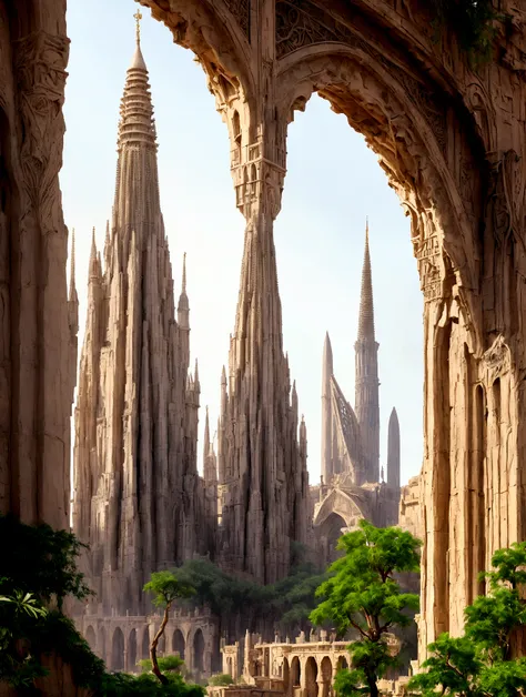 In the heart of the desert, ancient whispers echo through the gleaming spires of an shiny white city that defies time. The city is filled with beautiful intricate and interconnected canals and a lush exuberant vegetation, closeup view.