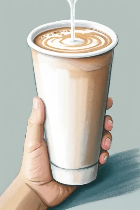 Draw an illustration of a hand holding a clear plastic cup, with cold coffee. Where half of the illustration is done with pastel chalks and the other half is done with acrylic paints. Very unrealistic. And make the background gray and without so much detai...