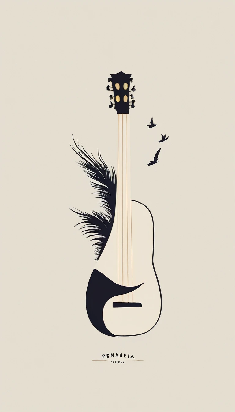 A minimal, modern, simple, cinematic logotype for the brand “Penamemoria". The logotype must be a simple, magical feather and a boy playing acoustic guitar. The logo must convey a sense of music, stories and dreams. Logo design impressed on a book cover. M...