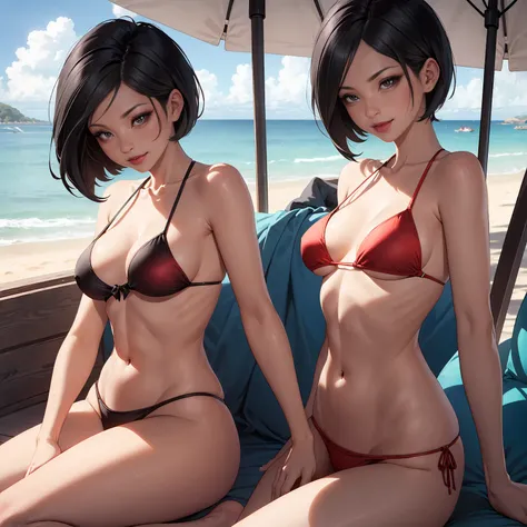 Ada Wong, ((short black hair, glowing black eyes, lipstick, makeup, narrow waist, skinny, medium breasts, alone)), pelvic curtain, ((red bikini)), full body, perfect body, (insanely detailed, beautiful detailed face, masterpiece, best quality) , (((solo)))...