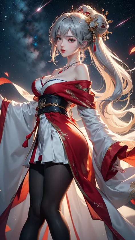 (masterpiece:1.5, Highest quality, Very detailed、 Dutch Angle、Semi-realistic、Fantasy)(One Girl, alone)(Silver Hair:1.6,,Straight Long Hair)(Wearing Han clothes, Royalty、White and red Hanfu:1.5,Thick fabric,Long sleeve)、((Off the shoulder、medium breasts, Be...