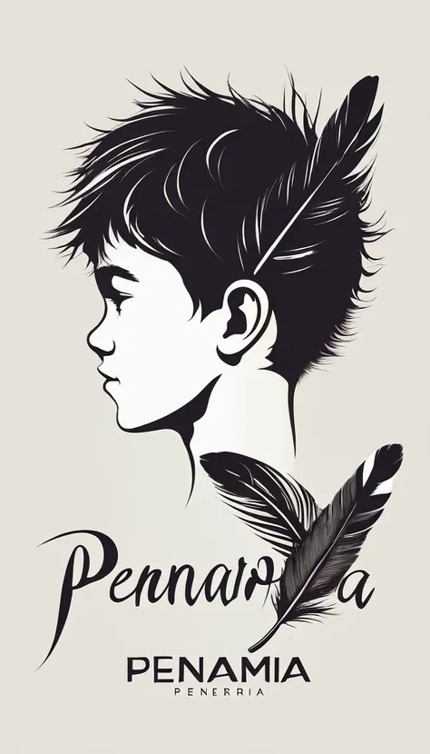 Create a minimal, modern, simple, inspirational, memorable, dream like logo design of a boy and a feather for the brand “Penamemoria".