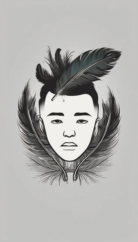 A minimal, modern, simple, cinematic logo design e of a boy with a head full of feathers for the brand “Penamemoria" .