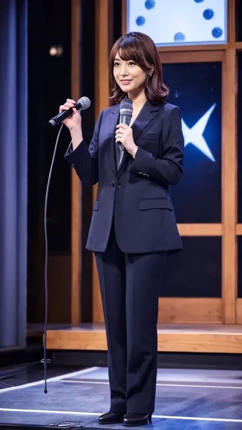 A cute Japanese announcer holding a microphone and broadcasting from outside、Caster full body photo、Down coat and black business pantsuit、Serious expression、Midwinter、