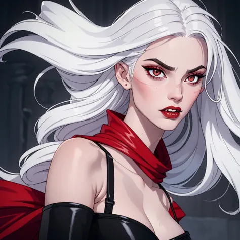 1:1 vampire girl, better_scar, veins, burn scar, scar on nose, white hair, long hair, blunt bangs, serious, vampire, pale skin, lipstick, lips, red lips, big breasts, eyeliner, bra, fangs ((solo half body portrait) high quality ((HD)) beautiful, sexy