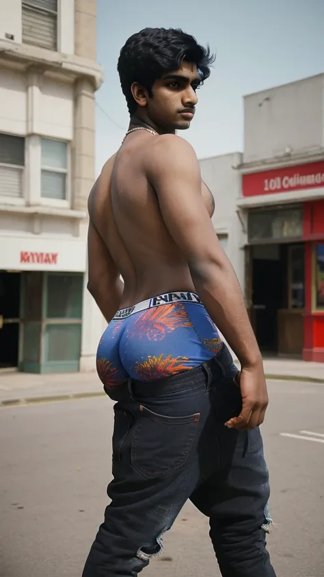 1man, indian handsome young man, simple background, sagging pants, sagback, cinematic, masterpiece, black  hair, colorful boxers, outdoors, gritty compton street, film grain, 28 years old 