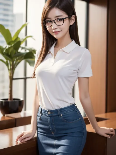 masterpiece, best quality, 8K resolution, high detail, Japanese office lady, evening setting, after work, living room background, revealing casual outfit, polo shirt, smiling, slender body, detailed face, smooth and flawless skin, expressive and captivatin...