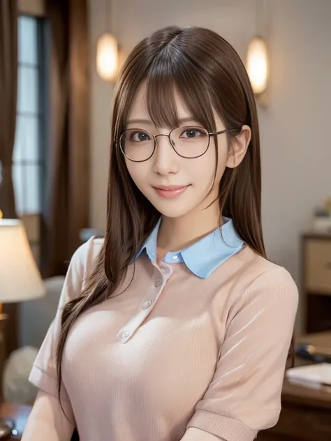 masterpiece, best quality, 8K resolution, high detail, Japanese office lady, evening setting, after work, living room background, revealing casual outfit, polo shirt, smiling, slender body, detailed face, smooth and flawless skin, expressive and captivatin...