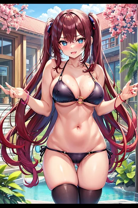 fangs,The best quality, High Resolutions, ultra detailed,. To feel, Bikini, swimsuit, old, Bikini, long hair, only, old medianos, brown hair neckline, violet bikini, belly button, o-ring, pink hair, Eyes O-ring background, crossed arms, blush, ass visible ...