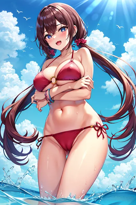 fangs,The best quality, High Resolutions, ultra detailed,. To feel, Bikini, swimsuit, old, Bikini, long hair, only, old medianos, brown hair neckline, violet bikini, belly button, o-ring, pink hair, Eyes O-ring background, crossed arms, blush, ass visible ...