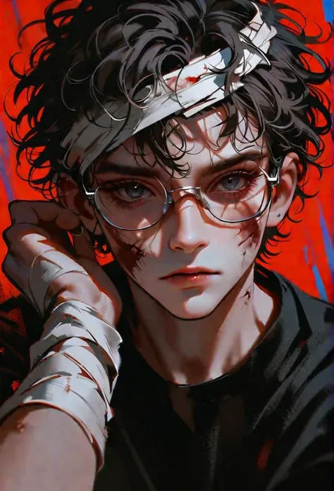 (masterpiece, better_quality:1.2), por nixeu, 1 chico, male focus, Alone, asco, black fur, messy hair, short hair, black eyes, zombie, BROWN SKIN, black shirt, short sleeves, bandaged arm, glasses on the head , portrait, Red background, time, realist 