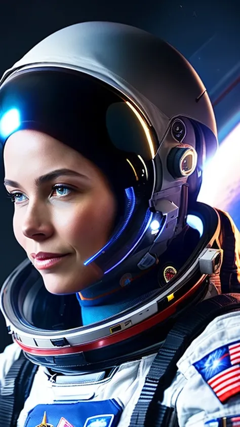 a female astronaut in zero gravity, floating in a futuristic space station, detailed face, beautiful detailed eyes, beautiful detailed lips, highly detailed, photorealistic, 8k, ultra-detailed, cinematic lighting, dramatic sci-fi atmosphere, glowing interf...