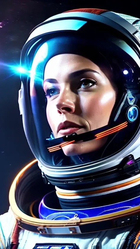 a female astronaut in zero gravity, floating in a futuristic space station, detailed face, beautiful detailed eyes, beautiful detailed lips, highly detailed, photorealistic, 8k, ultra-detailed, cinematic lighting, dramatic sci-fi atmosphere, glowing interf...