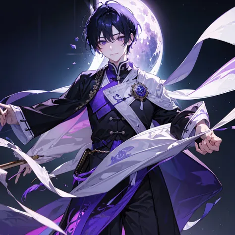 1 young boy、body hairs brancos、purple-white eye smile、body hair curto bagunçado、portraite 、a gorgeous 、heterochromia 、body hair, Closing the right eye、evil smile、black robe